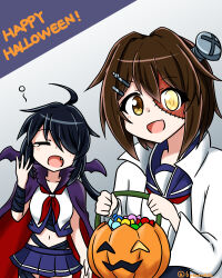 2girls absurdres ahoge alternate_costume black_hair blue_serafuku blue_skirt brown_hair cape closed_eyes fang furutaka_(kancolle) furutaka_kai_ni_(kancolle) gloves glowing glowing_eye hair_ornament hair_over_one_eye hairclip halloween heterochromia highres jack-o&#039;-lantern kako_(kancolle) kako_kai_ni_(kancolle) kantai_collection kinoshita_tsubomi long_hair midriff multiple_girls navel neckerchief object_through_head patchwork_skin purple_cape red_neckerchief school_uniform screw screw_in_head serafuku short_hair skirt upper_body white_gloves yawning yellow_eyes
