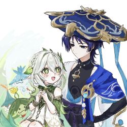 1boy 1girl a8jn2 anemo_symbol_(genshin_impact) aranara_(genshin_impact) ararycan_(genshin_impact) armlet armor bare_shoulders black_bodysuit black_bow black_bridal_gauntlets black_shorts blue_cape blue_gemstone blue_hat blue_kimono blunt_ends blush bodysuit bow bracelet bridal_gauntlets bright_pupils cape closed_mouth covered_collarbone cross-shaped_pupils detached_sleeves dress eyelashes eyeliner eyeshadow feathers gem genshin_impact gold gold_trim green_eyes green_hair green_sleeves hair_between_eyes hair_intakes hair_ornament half_crown_braid han&#039;eri hand_on_own_hip happy hat height_difference highres japanese_armor japanese_clothes jewelry jingasa kimono kote kurokote layered_kimono leaf leaf_hair_ornament looking_at_another makeup mandarin_collar multicolored_hair nahida_(genshin_impact) open_clothes open_kimono open_mouth own_hands_together pointy_ears pom_pom_(clothes) purple_eyes purple_hair purple_sash red_eyeliner red_eyeshadow sash scaramouche_(genshin_impact) shorts shoulder_peek side_ponytail sidelocks sitting sketch smile split_mouth streaked_hair symbol-shaped_pupils tsurime wanderer_(genshin_impact) white_background white_dress white_hair white_kimono white_pupils white_trim yellow_feathers
