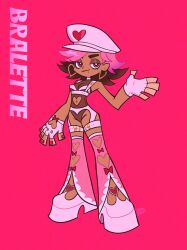 Rule 34 | breasts, brown eyeshadow, cleavage, clothing cutout, dark-skinned female, dark skin, deformed, eyelashes, fingerless gloves, full body, garter belt, gloves, hat, highres, lemonssplice, leotard, mole, mole under mouth, navel cutout, original, panty &amp; stocking with garterbelt, panty &amp; stocking with garterbelt (style), parody, pink hair, smile, standing, style parody, thighhighs