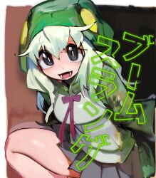 Rule 34 | 1girl, black eyes, boomslang (kemono friends), brown background, fang, green hair, green hoodie, grey skirt, hood, hoodie, kemono friends, long hair, looking at viewer, purple ribbon, raichiyo, ribbon, simple background, skirt, slit pupils, snake girl, solo, yellow eyes