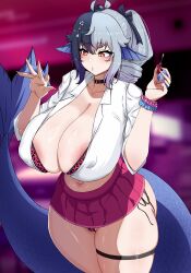 1girl absurdres alternate_costume amesuku_gyaru animal_print antenna_hair applying_manicure areola_slip black_hair black_ribbon blue_scrunchie blue_tail blurry blurry_background bone_hair_ornament bra bra_peek breasts cleavage collar collarbone commentary commission covered_erect_nipples curvy drill_hair drill_ponytail english_commentary fingernails fins fish_girl fish_skeleton fish_tail grey_hair gyaru hair_between_eyes hair_ornament hair_ribbon hands_up head_fins highres huge_breasts indie_virtual_youtuber indoors kogal large_areolae leopard_print leopard_print_bra leopard_print_panties long_fingernails long_hair looking_at_hand microskirt midriff monster_girl multicolored_hair murmaider nail_polish navel open_clothes open_shirt orange_eyes painting_nails panties pantyshot pink_nails pink_scrunchie pleated_skirt ponytail print_bra purple_bra purple_panties purple_skirt ribbon rudeus_(steban_sharnak) scrunchie shiny_skin shirt short_sleeves side-tie_peek sidelighting sidelocks skindentation skirt slit_pupils solo tail thick_thighs thigh_strap thighs tied_shirt two-tone_hair two-tone_scrunchie underwear virtual_youtuber white_shirt wide_hips wrist_scrunchie