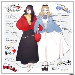 2girls alice_(disney) alice_in_wonderland_(disney) alternate_costume black_hair blonde_hair blue_dress blue_eyes bow copyright_name dress duplicate hairband long_hair meecosme multiple_girls nail_polish queen_of_hearts_(disney) shoes simple_background smile