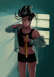 Rule 34 | 1girl, black hair, black tank top, boyshort panties, commentary, cybersix, cybersix (character), english commentary, glasses, highres, holding necktie, jesscookie, navel, necktie, putting on shirt, solo, standing, tank top, toothbrush, toothbrush in mouth, window shadow, yellow necktie