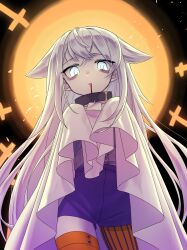 1girl absurdres akira_(meltyhip) asymmetrical_legwear bags_under_eyes blood blood_from_mouth borrowed_character collar commentary_request cross ghost_costume hair_flaps halloween highres long_hair looking_at_viewer original pantyhose parted_lips shirt_tucked_in shorts single_leg_pantyhose single_thighhigh solo striped_clothes striped_pantyhose thighhighs vertical-striped_clothes vertical-striped_pantyhose very_long_hair white_eyes white_hair