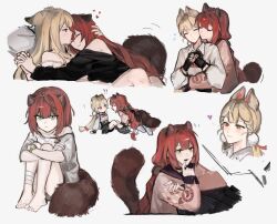Rule 34 | 2girls, aged down, alice thymefield, animal ears, black gloves, blonde hair, braid, closed eyes, closed mouth, collared shirt, commentary, cuddling, english commentary, fingerless gloves, flying sweatdrops, gloves, green eyes, heart, heterochromia, highres, holding hands, hug, hug from behind, interlocked fingers, long hair, looking at another, multiple girls, off shoulder, open mouth, rabbit ears, raccoon ears, raccoon girl, raccoon tail, red eyes, red hair, shirt, simple background, smile, strap slip, tail, twin braids, ukinami yuzuha, white background, white shirt, yellow eyes, yuri, yuudny, zenless zone zero