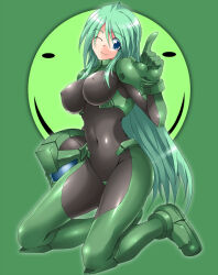 1girl armored_core armored_core:_for_answer black_bodysuit blue_eyes bodysuit breasts covered_erect_nipples emblem female_focus fromsoftware gloves green_hair helmet kneeling large_breasts latex long_hair may_greenfield ment navel one_eye_closed skin_tight smile solo wink