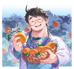 Rule 34 | 1boy, absurdres, bara, basket, border, closed eyes, commentary, doctor, facial hair, facing viewer, flower, food, forest, fruit, glasses, goatee, happy, highres, holding, holding food, holding fruit, incoming food, lavender (flower), long sleeves, male focus, nature, professor neroli, nintendo, open mouth, orange (fruit), osu (osumankokuou), outside border, pokemon, pokemon sleep, short hair, smile, solo, teeth, thick eyebrows, upper body, upper teeth only, white border