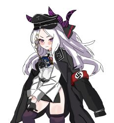 1girl ahoge alternate_costume black_coat black_gloves black_headwear blue_archive blush coat cross demon_horns feet_out_of_frame frown gloves highres hina_(blue_archive) horns iron_cross keibu_sensei_(sbk) long_coat long_hair looking_at_viewer military multiple_horns nazi parted_bangs pencil_skirt purple_eyes purple_thighhighs side_slit simple_background skirt solo thighhighs very_long_hair waffen-ss white_background white_hair zettai_ryouiki