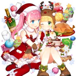 2girls akane_garnet alcohol animal_costume aqua_eyes boots box brown_boots cake champagne chicken_(food) cup cupcake dress drinking_glass food gift gift_box hat holding holding_cake holding_food knee_boots long_hair multiple_girls pink_hair red_boots red_dress reindeer_costume salt_(salty) santa_costume santa_dress santa_hat sapphire_emerald twintails uchi_no_hime-sama_ga_ichiban_kawaii wine_glass