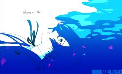 1boy blue_hair blue_theme botati closed_mouth expressionless eyelashes falling from_side headphones highres latin_text male_focus monochrome persona persona_3 persona_3_reload ribbon short_hair submerged yuuki_makoto_(persona_3)