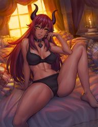1girl absurdres airomed barefoot bed black_bra black_panties borrowed_character bra breasts breasts_apart collar female_focus highres horns indoors large_breasts long_hair looking_at_viewer navel on_bed original panties parted_lips partially_visible_vulva pillow red_hair sitting slit_pupils solo speh spread_legs sweat thighs underwear underwear_only yellow_eyes
