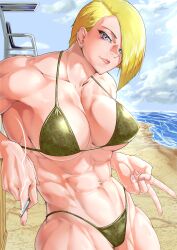 Rule 34 | 1girl, absurdres, asymmetrical hair, beach, bikini, blonde hair, blue eyes, blue sky, breasts, chair, cigarette, cloud, cloudy sky, collarbone, contrapposto, day, earrings, elbow rest, green bikini, hair over one eye, head tilt, highres, holding, holding cigarette, huge filesize, jewelry, kureshi (hannzi), large breasts, lifeguard chair, light smile, mature female, muscular, muscular arms, muscular female, muscular legs, navel, ocean, original, outdoors, pink lips, pink nails, shiny skin, shore, short hair, sky, smoke, swimsuit, thick thighs, thighs, toned, toned female, v, yunagi kuroumi (kureshi)