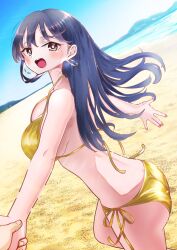 1girl 1other absurdres alternate_costume ass beach bikini black_hair blush boku_no_kokoro_no_yabai_yatsu breasts brown_hair commentary_request day dutch_angle earrings gold_bikini halterneck highres holding_hands hoop_earrings horizon jewelry large_breasts long_hair looking_at_viewer m2bou mole mole_on_neck mountainous_horizon open_mouth outdoors paid_reward_available pov pov_hands running sand shore side-tie_bikini_bottom sky solo_focus string_bikini swimsuit water yamada_anna