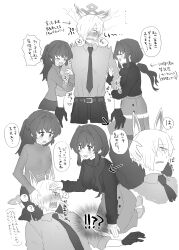 1boy 2girls absurdres arm_hug blue_archive blush clone closed_eyes collared_shirt commentary_request female_sensei_(blue_archive) female_sensei_(blue_archive)_(senta_(ysk_0218)) genderswap genderswap_(ftm) girl_sandwich gloves hair_over_one_eye halo hand_on_another&#039;s_face hetero highres kanna_(blue_archive) lap_pillow long_hair long_sleeves multiple_girls necktie open_mouth sandwiched sensei_(blue_archive) senta_(ysk_0218) sharp_teeth shirt short_hair smile teeth