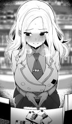 Rule 34 | 1girl, averting eyes, blurry, blurry background, blush, breasts, buying condoms, condom box, convenience store, forehead, gakuen idolmaster, greyscale, hatsuboshi gakuen school uniform, highres, idolmaster, juo sena, large breasts, long hair, long sleeves, monochrome, nervous sweating, nose blush, own hands together, school uniform, shop, solo, steam, steepled fingers, sweat, yaa-kun