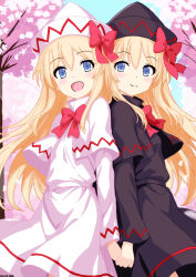 2girls back-to-back black_capelet black_dress black_hat blonde_hair blue_eyes blue_sky blush bow bowtie capelet cherry_blossoms closed_mouth commentary_request dated day dress dual_persona fairy fairy_wings hat hat_bow highres holding_hands lily_black lily_white long_hair long_sleeves looking_at_viewer mist9801km multiple_girls open_mouth outdoors red_bow red_bowtie sky smile touhou tree very_long_hair white_capelet white_dress white_hat wings