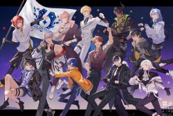 6+boys absurdres animal_ear_hood animal_ears aragami_oga_(1st_costume) arurandeisu_(1st_costume) ascot astel_leda_(1st_costume) black_coat black_gloves black_hair black_jacket black_leggings black_shoes black_shorts black_tank_top black_undershirt black_vest blonde_hair blue_eyes blue_necktie blue_shorts brown_vest buttons chap_yun coat dark-skinned_male dark_skin denim denim_shorts double-breasted earrings eyepatch fake_animal_ears flag flower full_body fur-trimmed_coat fur_trim glasses gloves gold_trim green_eyes grey_hair grey_hoodie grey_pants grey_shirt hair_flower hair_ornament hanasaki_miyabi hanasaki_miyabi_(1st_costume) hand_in_pocket hand_on_own_hip headphones headphones_around_neck highres holding holding_flag holding_ofuda holostars hood hood_up hooded_jacket hoodie horns jackal_boy jackal_ears jackal_tail jacket jewelry kageyama_shien_(1st_costume) kanade_izuru_(1st_costume) kishido_temma kishido_temma_(1st_costume) leggings letterboxed lightning_bolt lightning_bolt_hair_ornament lightning_bolt_symbol male_focus medium_hair minase_rio minase_rio_(1st_costume) multicolored_hair multiple_boys necktie ofuda ofuda_earrings orange_hair outstretched_arm pants partially_fingerless_gloves pink_hair print_shirt purple_eyes purple_hair purple_shirt red-framed_eyewear red_hair red_ribbon ribbon rikka_(1st_costume)_(holostars) shirt shoes short_hair shorts single_horn streaked_hair stuffed_animal stuffed_toy tank_top teddy_bear thigh_strap torn_clothes torn_pants two-sided_fabric two-sided_jacket utsugi_uyu_(1st_costume) vest virtual_youtuber w watch white_ascot white_jacket white_necktie white_pants white_shirt white_shoes wristwatch yatogami_fuma_(1st_costume) yellow_eyes yukoku_roberu yukoku_roberu_(1st_costume)