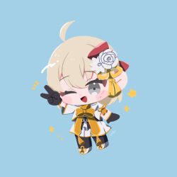 1girl ahoge arm_up black_gloves black_pantyhose blonde_hair blue_background blush_stickers bow bowtie chibi chibi_only dress fate/grand_order fate_(series) flower gloves grey_eyes hair_between_eyes hair_flower hair_ornament highres okita_souji_(fate) okita_souji_(fgo_fes._2025)_(fate) one_eye_closed open_mouth pantyhose shoes short_hair short_sleeves simple_background tassel v white_dress white_shoes yellow_bow yellow_bowtie yue_cang87