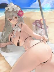Rule 34 | 1girl, absurdres, alexandrina sebastiane, arm support, ass, bag, bare arms, bare legs, bare shoulders, beach, beach towel, beach umbrella, bikini, bikini bottom pull, black bikini, blue sky, bow, bowtie, breasts, brown eyes, closed mouth, cloud, collarbone, commentary, cowboy shot, day, flower, grey hair, hair between eyes, hair flower, hair ornament, hibiscus, highres, hollow (zenless zone zero), horizon, large breasts, lens flare, long hair, looking at viewer, low-tied long hair, lying, maid headdress, malsuk, micro bikini, navel, ocean, on ground, on side, outdoors, pink flower, pulling own clothes, sky, smile, solo, stomach, string bikini, swimsuit, towel, transparent bag, umbrella, water, white bow, white bowtie, zenless zone zero