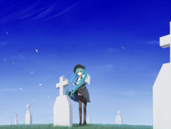 1girl aqua_eyes aqua_hair black_gloves black_thighhighs bouquet crying dress elbow_gloves female_focus flower garter_straps gloves grass grave graveyard green_eyes green_hair hat hatsune_miku high_heels long_hair matching_hair/eyes shoes sky solo thighhighs tombstone twintails uttt vocaloid wind xxx_(pixiv5094102)