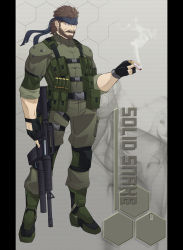 1boy aai_corporation airtronic_usa assault_rifle beard blue_eyes boots brown_hair character_name chuunioniika cigarette colt&#039;s_manufacturing_company colt_defense diemaco facial_hair fingerless_gloves gloves grenade_launcher gun headband highres knee_pads knight&#039;s_armament_company lewis_machine_and_tool_company load_bearing_vest m16 m16a2 m203 m4_carbine male_focus manly metal_gear_(series) metal_gear_solid military_operator mullet muscular mustache pillarboxed rifle rm_equipment sleeves_rolled_up smoke sneaking_suit solid_snake solo strap trigger_discipline u.s._ordnance underbarrel_grenade_launcher weapon