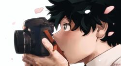 1boy artist_name boku_no_hero_academia camera collared_shirt dyn4bun falling_petals freckles from_side green_eyes green_hair hashtag-only_commentary highres holding holding_camera male_focus midoriya_izuku multiple_scars petals pink_petals scar scar_on_hand shirt short_hair simple_background solo white_background