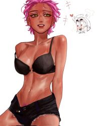 Rule 34 | 2girls, alien stage, black bra, black shorts, blush, bra, breasts, colored pubic hair, commentary, english commentary, female pubic hair, halo, heart, heart-shaped pupils, highres, mizi (alien stage), multiple girls, navel, obi (chaerinxjihyeon), open mouth, parted lips, pubic hair, pubic hair peek, red lips, short hair, short shorts, shorts, solo focus, sua (alien stage), sunburn, symbol-shaped pupils, tan, tanline, underwear, yellow eyes, yuri