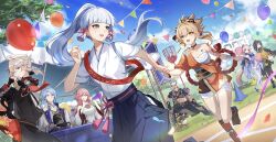 3boys 5girls absurdres alternate_costume animal_ears arataki_itto ayaka_(genshin_impact) bandaged_arm bandaged_leg bandages black_pantyhose black_socks blonde_hair blue_eyes blue_hair blue_sky brown_hair cheerleader chest_sarashi chiori_(genshin_impact) cloud cloudy_sky drill_hair drill_ponytail floating_hair fox_ears genshin_impact high_ponytail highres holding holding_pom_poms japanese_clothes kaedehara_kazuha kamisato_ayato long_hair multiple_boys multiple_girls obi open_mouth outdoors pantyhose pink_hair plus_q pom_pom_(cheerleading) pom_poms ponytail purple_eyes running sandals sangonomiya_kokomi sarashi sash second-party_source single_bare_shoulder single_sleeve sky smile socks thighhighs vision_(genshin_impact) white_thighhighs yae_miko yellow_eyes yoimiya_(genshin_impact)