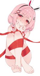 1girl :3 absurdres animal_ears barefoot bitseon black_hairband blush braid check_copyright closed_mouth commission convenient_leg copyright_request embarrassed fake_animal_ears feet full_body hair_ornament hairband head_tilt highres looking_at_viewer medium_hair naked_ribbon original own_hands_together pink_hair pointy_ears rabbit_ears red_eyes red_ribbon ribbon simple_background sitting smile solo twin_braids white_background x_hair_ornament yanagi_mimi