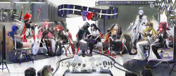 1boy 1other 6+girls absurdres ambiguous_gender andoain_(arknights) animal_ears anniversary archetto_(arknights) archetto_(glory_of_the_devout)_(arknights) arknights armored_legwear black_bodysuit black_dress black_hair black_horns black_jacket black_shorts black_skirt black_veil blonde_hair blue_hair bodysuit boots cat_ears cat_girl character_request commentary_request copyright_name detached_wings doctor_(arknights) dress energy_wings exusiai_(arknights) exusiai_the_new_covenant_(arknights) fiammetta_(arknights) fiammetta_(judgment_day)_(arknights) gracebearer_(arknights) halo head_wings highres hood hood_up horns jacket lace-up_boots lemuen_(arknights) mostima_(arknights) multiple_girls nun official_alternate_costume pink_hair priestess_(arknights) red_hair robe seal_(animal) shirt short_shorts shorts sitting skirt thigh_boots veil wheelchair white_dress white_hair white_halo white_robe white_shirt wings yuuki_mix