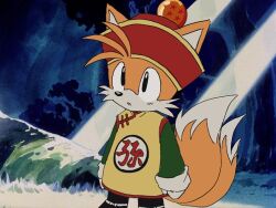 1boy animal_ears anime_coloring black_pants black_shoes chinese_clothes crossover dragon_ball dragon_ball_(object) dragonball_z forest fox fox_ears fox_tail furry furry_male hat multiple_tails nature pants red_hat shirt shoes son_gohan sonic_(series) sunlight tail tails_(sonic) two_tails viscogone yellow_shirt