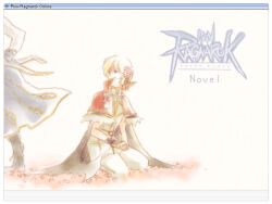 2boys black_cape blonde_hair cape capelet commentary_request cover cover_page fingerless_gloves flower full_body fur-trimmed_capelet fur_trim gloves hair_flower hair_ornament high_priest_(ragnarok_online) high_wizard_(ragnarok_online) looking_at_another looking_to_the_side male_focus micoto multiple_boys novel_cover pants pink_flower ragnarok_online red_capelet seiza shirt short_hair simple_background sitting solo_focus white_background white_gloves white_pants white_shirt