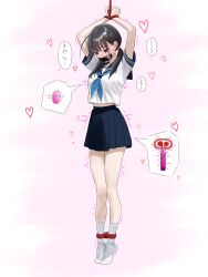 1girl ahoge arms_up bdsm black_eyes black_hair blue_necktie blush bondage bound bound_legs bound_wrists breasts dildo egg_vibrator full_body gag gagged highres improvised_gag low_twintails midriff_peek minicat necktie no_shoes original pleated_skirt restrained sailor sailor_collar school_uniform self_bondage serafuku sex_toy shibari shirt shirt_overhang skirt small_breasts socks solo standing suspension tape tape_gag twintails uterus vibrator white_shirt white_socks x-ray