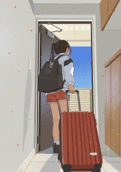 1girl absurdres backpack bag bag_charm black_hair black_shoes charm_(object) from_behind highres indoors mashiro_ka open_door original ponytail red_shorts rolling_suitcase shirt shoes short_shorts shorts socks suitcase white_shirt white_socks
