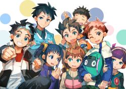 Rule 34 | 3girls, 5boys, = =, bad id, bad twitter id, bag, black hair, blue eyes, braid, brown eyes, brown hair, carrying, clenched hand, clenched hands, crossed arms, daimonyama tsuranuki, geetgeet, group picture, hayasugi haruka, hayasugi hayato, headphones, holding, holding bag, jacket, kiyosu ryuuji, kiyosu tatsumi, looking at another, looking at viewer, multiple boys, multiple girls, one eye closed, open clothes, open jacket, open mouth, own hands together, piggyback, polka dot, polka dot background, purple hair, shashot, shinkalion (series), shinkansen henkei robo shinkalion, shirt, smile, teeth, twin braids, twintails, upper teeth only, waving arm