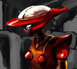 1girl aphrodai_a armor cockpit glass_cockpit importantbusinessdinosaur mazinger_(series) mazinger_z mecha mecha_focus multicolored_armor orange_armor red_armor robot robot_girl solo super_robot upper_body yellow_eyes