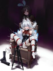 2girls amadeus_frost animal_ear_fluff animal_ears arms_behind_back bare_shoulders bdsm black_choker black_leotard black_pantyhose blue_eyes blue_hair bondage boots bound breast_bondage breasts brown_hair chair choker covered_navel fox_ears fox_tail frilled_skirt frills gag gagged heattech_leotard high-waist_skirt holding holding_syringe improvised_gag leotard long_hair looking_at_another medium_hair multicolored_hair multiple_girls on_chair original pantyhose rabbit_ears red_eyes restrained separated_legs sex_toy shibari shirt skin_tight skirt small_breasts streaked_hair syringe tail tape tape_gag turtleneck unworn_boots very_long_hair vibrator white_hair white_pantyhose white_shirt