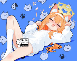 1girl :3 animal_ear_fluff animal_ears blue_archive blue_background blush breasts cat_ears cat_girl censored closed_eyes commentary_request drunk extra_ears hairband halo kneehighs long_hair long_sleeves lying mari_(blue_archive) mutsuse naked_sweater novelty_censor on_back open_mouth orange_hair paw_pose puffy_long_sleeves puffy_sleeves small_breasts socks solo sweater white_hairband white_socks white_sweater yellow_halo