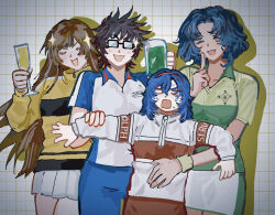 Rule 34 | 4girls, :d, ^3^, aqua hair, beer mug, behind another, black hair, blank eyes, blue hair, blush, breasts, brown hair, champagne flute, chitose senri, closed eyes, collarbone, collared shirt, colored eyelashes, cowboy shot, cup, curly hair, curtained hair, dark-skinned female, dark skin, drinking glass, eyes visible through hair, finger to mouth, genderswap, genderswap (mtf), glasses, grabbing another&#039;s arm, grid background, hair between eyes, hair over shoulder, hairband, hand on another&#039;s stomach, height difference, index finger raised, inui sadaharu, jacket, juice, large breasts, long hair, long sleeves, medium breasts, milanoff, miniskirt, mizuki hajime, mug, multicolored jacket, multiple girls, nervous sweating, opaque glasses, open mouth, pale skin, parted bangs, pencil skirt, pleated skirt, rectangular eyewear, rectangular mouth, scared, shadow, shirt, short hair, short sleeves, shushing, skirt, small breasts, smile, sparkle, spiked hair, sportswear, sweat, tennis no ouji-sama, tennis uniform, track jacket, two-tone jacket, two-tone shirt, two-tone skirt, u u, v-shaped eyebrows, very sweaty, vignetting, wavy hair, white background, wispy bangs, yanagi renji