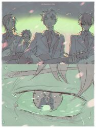 Rule 34 | 1girl, 4boys, :o, absurdres, close-up, closed eyes, collared shirt, commentary, copyright name, eye focus, eye reflection, fretless guitar, fretless instrument, futsuu no keion-bu, glasses, green theme, guitar, guitar strap, hatono chihiro, highres, holding, holding guitar, holding instrument, instrument, jacket, lapels, male focus, mizuo haruichi, multiple boys, multiple views, mumumi, music, necktie, no strings, notched lapels, official alternate costume, official alternate hairstyle, open mouth, protocol. (futsuu no keion-bu), reflection, shirt, short hair, singing, smile, suit jacket, sweat, taguchi ryuuya, takami kouki, tohno gen, u u, upper body