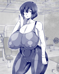 1girl amazon_(taitaitaira) bare_arms blurry blurry_background breasts gigantic_breasts gym huge_breasts kazami_yuuka large_areolae large_nipples leggings looking_to_the_side monochrome open_mouth see-through_clothes short_hair sports_bra standing sweat tight_clothes touhou wide_hips