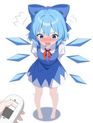 1girl 1other ^^^ absurdres aqua_hair barefoot blue_dress blue_eyes blue_ribbon blue_wings blush c-r-carlos chinese_commentary cirno collared_shirt commentary_request controller detached_wings dot_nose dress full_body hair_between_eyes hair_ribbon highres holding holding_remote_control ice ice_wings implied_vibrator looking_down medium_hair neck_ribbon nose_blush open_mouth pigeon-toed pinafore_dress pov pov_hands puffy_short_sleeves puffy_sleeves red_ribbon remote_control ribbon shadow shirt short_sleeves simple_background sleeveless sleeveless_dress solo_focus standing sweat toes touhou trembling v-shaped_eyebrows very_sweaty wavy_mouth white_background white_shirt wings