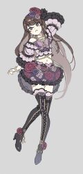 1girl aikatsu! aikatsu!_(series) arm_up belly_chain black_boots boots brown_hair floral_print flower frilled_skirt frilled_sleeves frills full_body ginjiro_(ginjiroxx) grey_background hair_flower hair_ornament high_heel_boots high_heels highres jewelry lace-up_boots long_hair long_sleeves looking_at_viewer midriff navel off-shoulder_shirt off_shoulder parted_lips pink_flower pink_rose print_skirt purple_eyes purple_flower purple_rose purple_skirt red_flower red_rose rose rose_print shibuki_ran shirt simple_background skirt solo thigh_boots