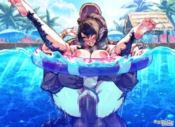 1boy 1girl ahegao au_ra beach_umbrella black_hair blush bracelet breasts brown_dust_(series) brown_dust_2 brown_eyes censored cleavage clenched_teeth commission completely_nude dark-skinned_male dark_skin dragon_horns dragon_tail faceless faceless_male final_fantasy final_fantasy_xiv full_nelson highres horns innertube jewelry large_breasts long_hair looking_at_another looking_back mosaic_censoring motion_lines nipples nude palm_tree partially_submerged ponytail pool samael_(5211) sapphira_nyx scales second-party_source sex soles stomach_bulge swim_ring tail teeth toes tree umbrella vaginal warrior_of_light_(ff14) wilhelmina_(brown_dust) wilhelmina_(water_park_queen)_(brown_dust)