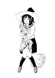 1girl blush broom closed_eyes commentary_request crotch_rub facing_viewer female_masturbation full_body greyscale hat highres kneehighs knees_together_feet_apart loafers long_hair long_sleeves masturbation miyano_tomochika monochrome neckerchief nishizawa_rika open_mouth pleated_skirt rika_(series) sailor_collar school_uniform serafuku shoes simple_background skirt socks solo two_side_up white_background witch_hat