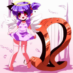 1girl 2000s_(style) angel anklet barefoot blush commentary_request dress feathered_wings feathers full_body halo harp heavy_breathing instrument jewelry lady_solace loli looking_at_viewer miuku_(marine_sapphire) open_mouth panties panty_pull pink_panties pointy_ears purple_hair pussy_juice pussy_juice_trail ragnarok_online red_eyes short_dress short_hair short_sleeves smile solo traditional_halo underwear white_wings wings