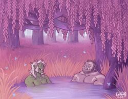 2boys bara beard_stubble bug butterfly colored_skin extra_tusks facial_hair green_skin insect large_pectorals male_focus mature_male mohawk monster_boy mullet multiple_boys muscular muscular_male mutton_chops onsen orc original pectorals pink_theme profile purple_skin same-sex_bathing shared_bathing short_hair smile stubble thick_eyebrows tree tusks upper_body urlututu