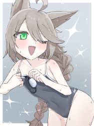1girl absurdres ahoge animal_ears blue_archive blue_one-piece_swimsuit blush braid brown_hair fox_ears fox_girl goggles green_eyes highres long_braid one-piece_swimsuit one_eye_closed open_mouth otogi_(blue_archive) sanso_aki sparkle_background swimsuit wet