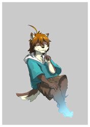 1boy absurdres ahoge animal_ears blue_hoodie brown_hair brown_pants brown_shorts closed_mouth finger_to_mouth furry furry_male ghost grey_background highres hood hood_down hoodie looking_at_viewer male_focus morenatsu nanafuse_(morenatsu) one_eye_closed pants shorts smile tail takichizento wolf_boy wolf_ears wolf_tail