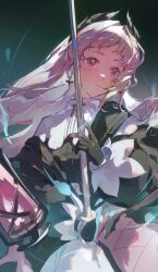 1girl absurdres arknights black_gloves black_jacket capelet commentary_request gloves grey_eyes grey_hair highres holding holding_sword holding_weapon irene_(arknights) jacket lantern long_hair long_sleeves puffy_long_sleeves puffy_sleeves rapier shaokao_lajitong skirt solo sword very_long_hair weapon white_capelet white_skirt
